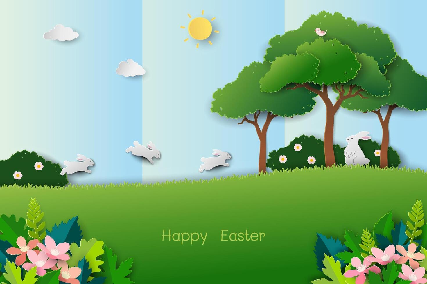 Happy Easter greeting card,Spring garden with cute rabbits on paper cut and craft style vector