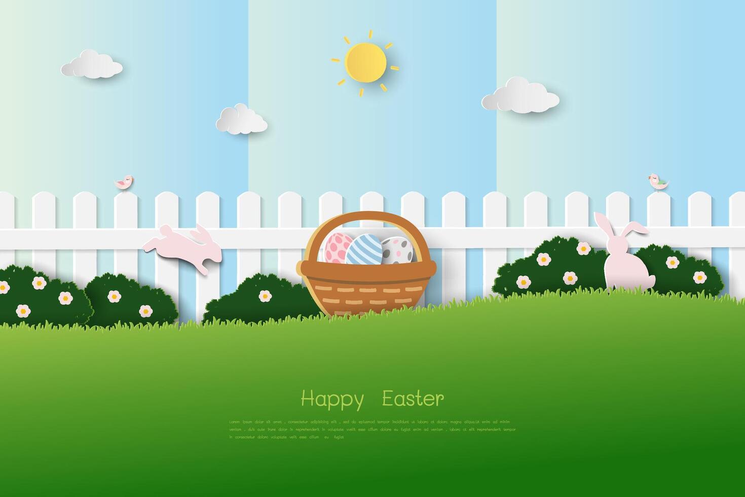 Happy Easter greeting card with cute rabbits on spring garden for decorative or celebrate party vector