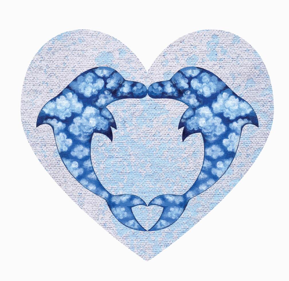 Couple dolphin heart surrealist art design by hand painting and make graphic . vector