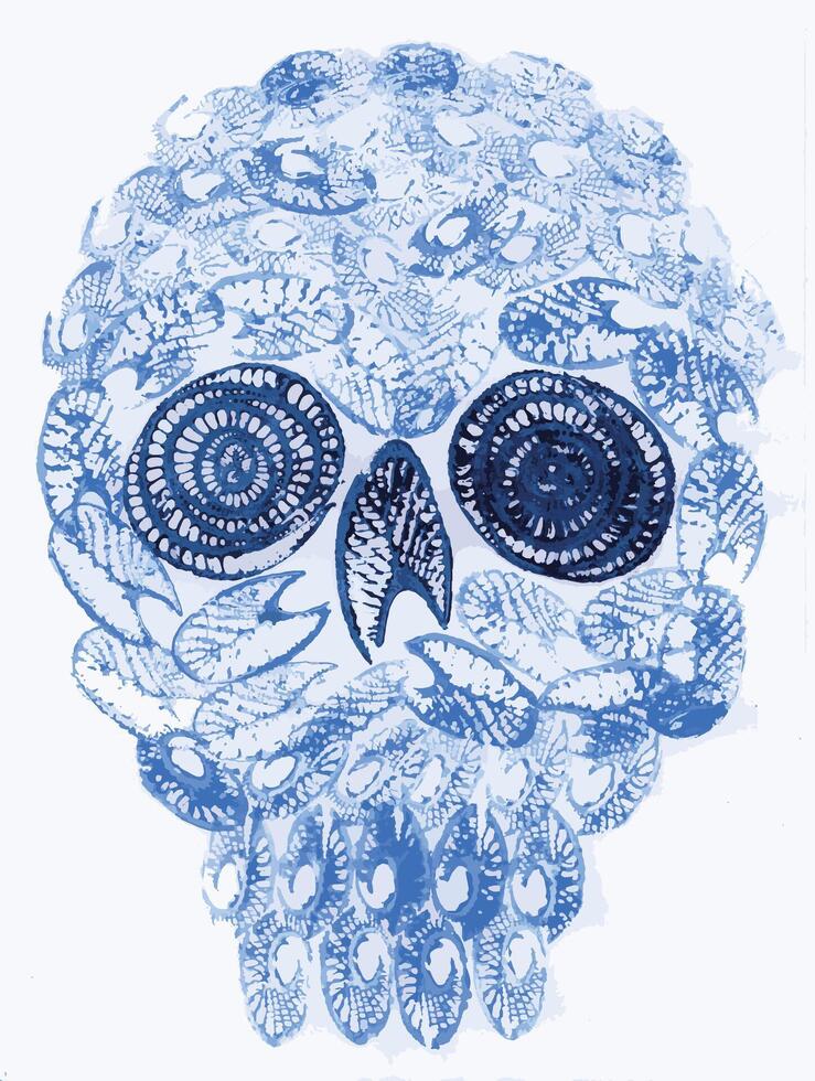 Skull art for kids hand monoprinting on paper and make graphic . vector