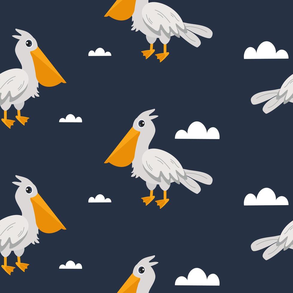 Playful design featuring cartoon pelicans and clouds against a dark background vector