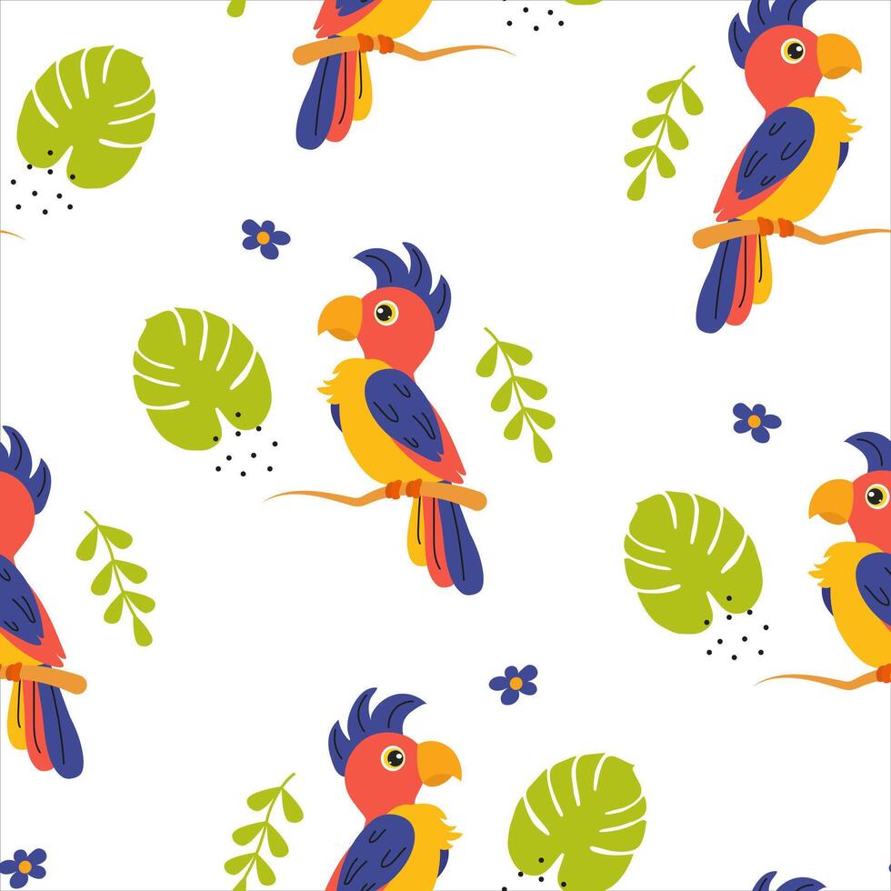 Colorful parrots and tropical leaves create a vibrant pattern for fun decor and design vector