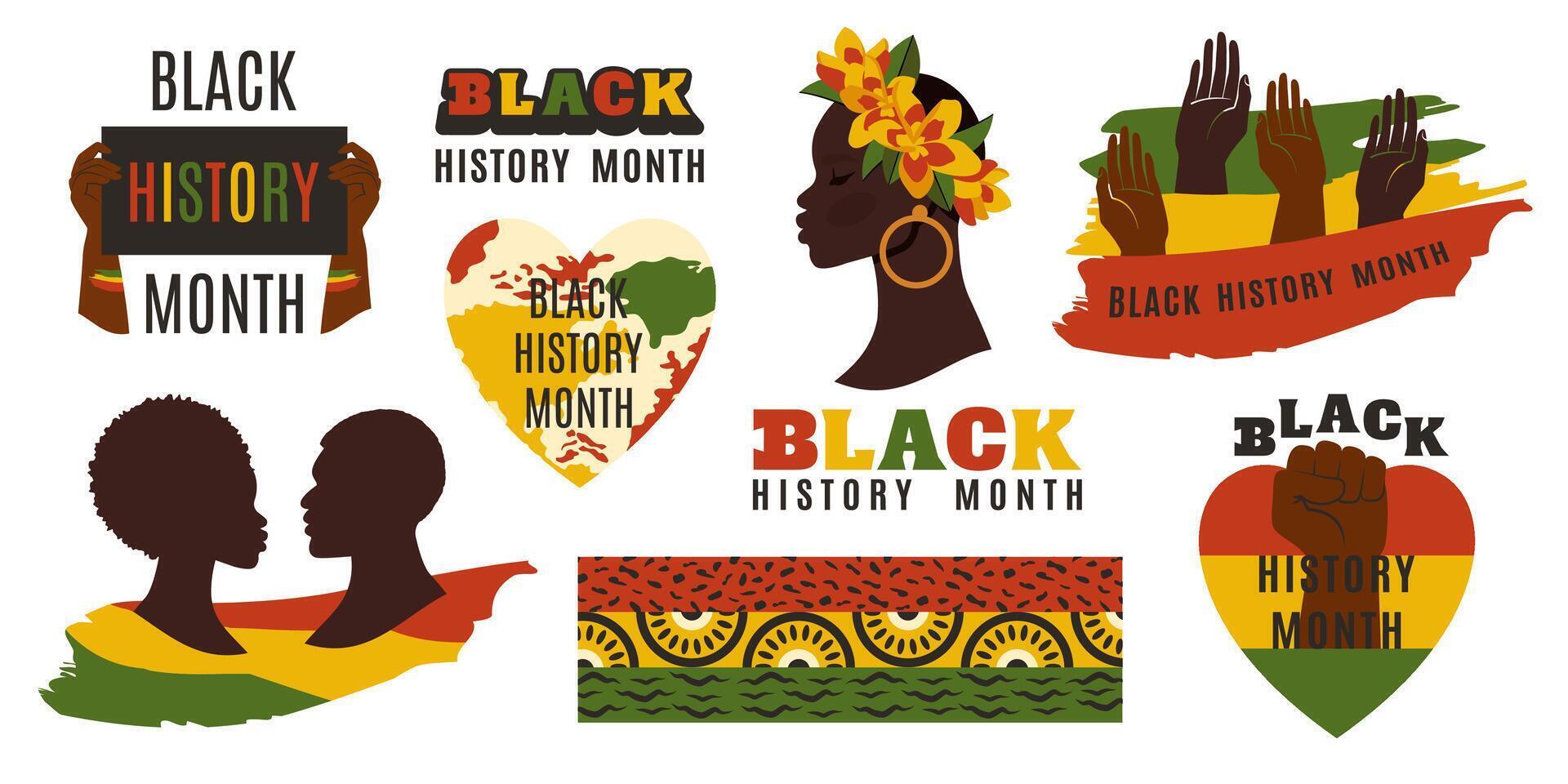 Black history month. Set of African American icons. Independence and unity concept. Equality elements. Beautiful black woman. African American History. Illustration for poster, banner, flyer vector