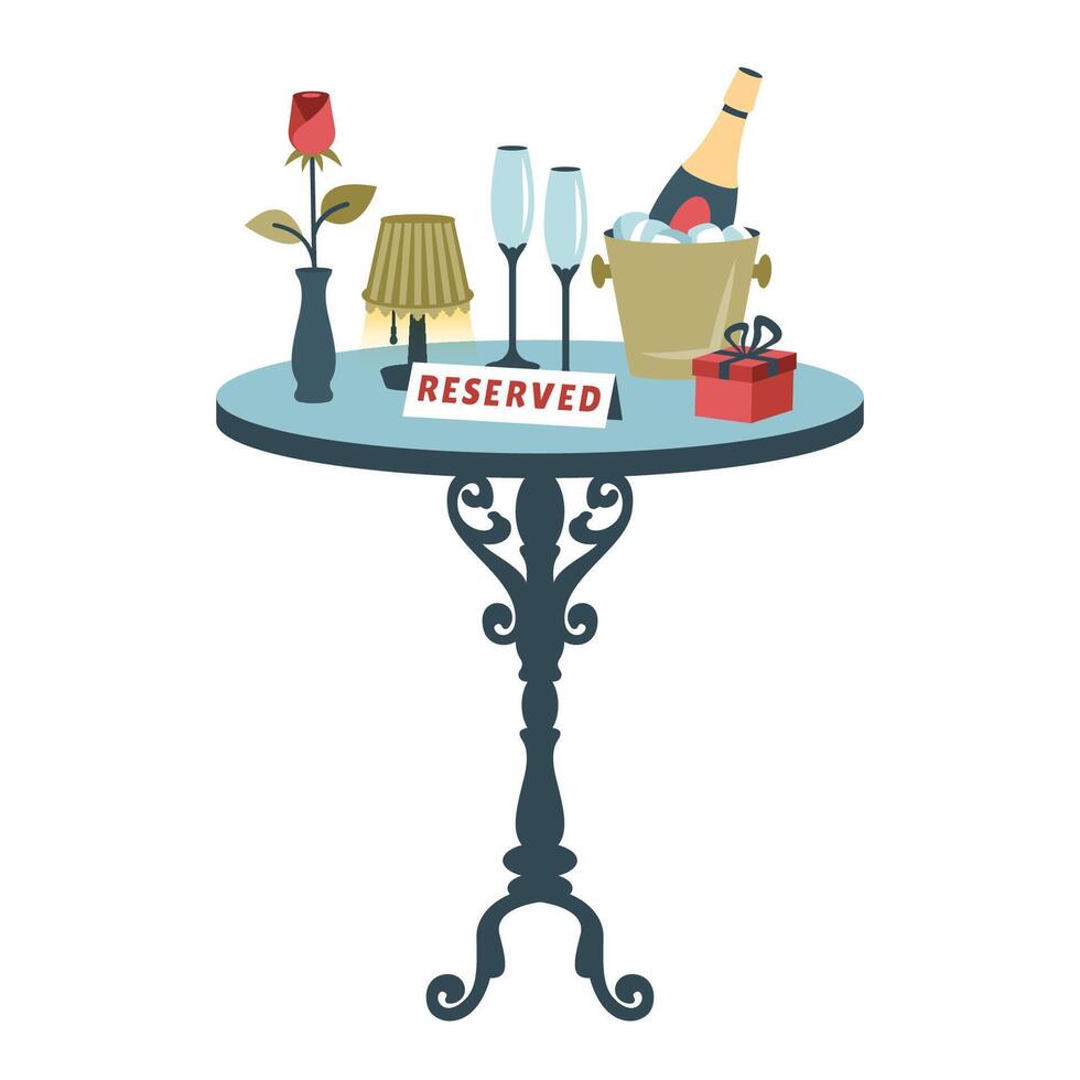 Table for two with wineglasses, rose, champagne, lamp, gift. Romantic dinner. Festive table setting. Restaurant reservation. Vintage Luxury furniture. flat illustration vector