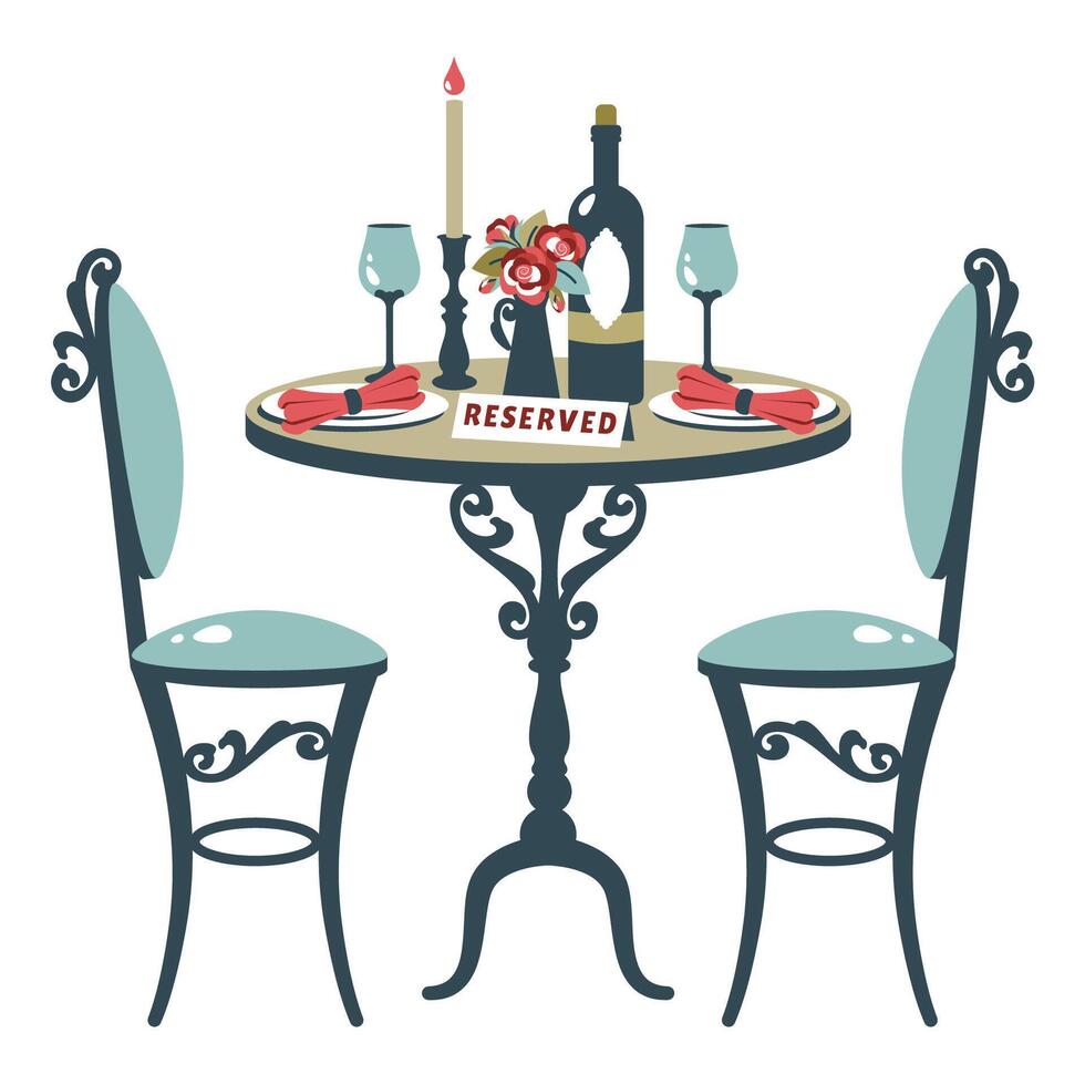 Dinner table setting. Classic Vintage table and chairs. Antique old furniture with restaurant food. Romantic dinner. Reserved table for two. Valentine date. illustration vector