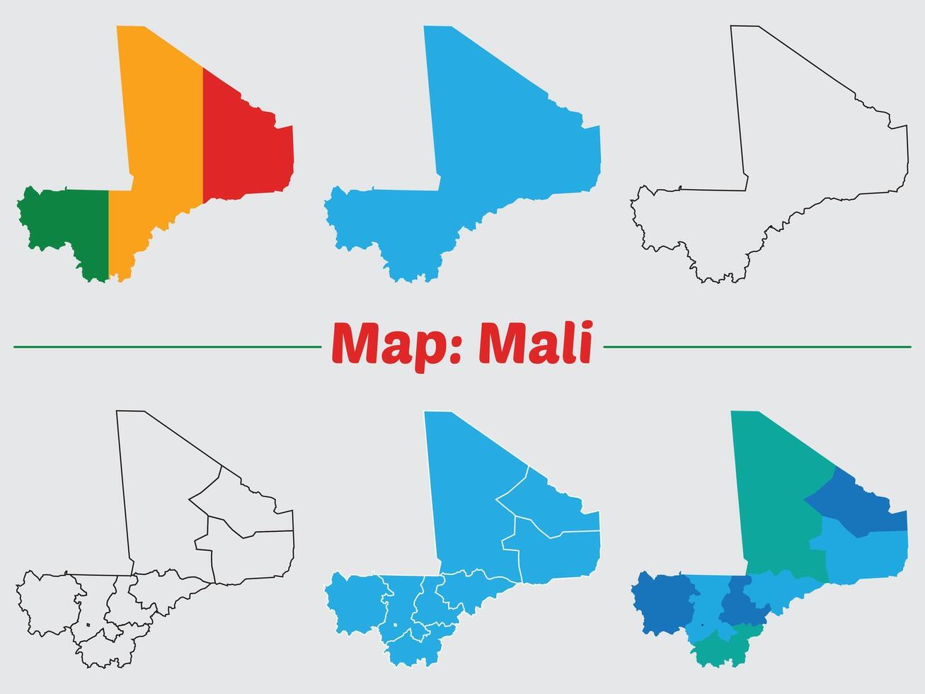 Mali country map set. internal provinces borders marked, Simple map of Mali drawing, Filled and outline. vector