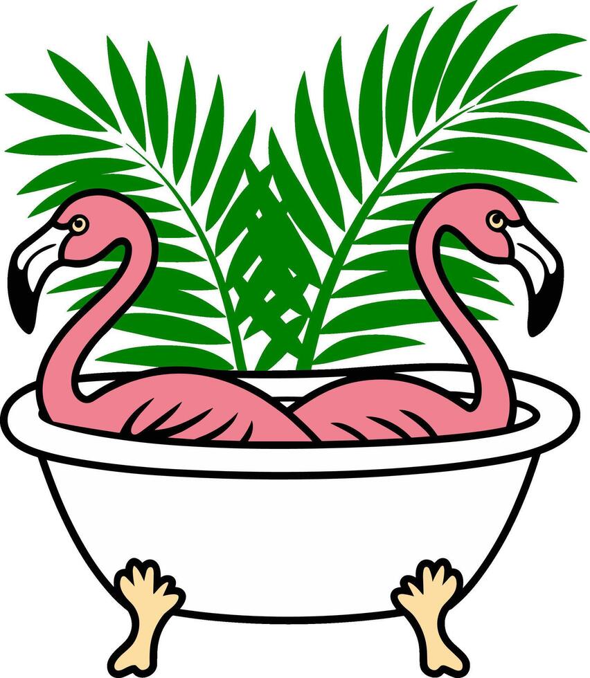 Flamingos in Bathtub with Tropical Palm Leaves vector