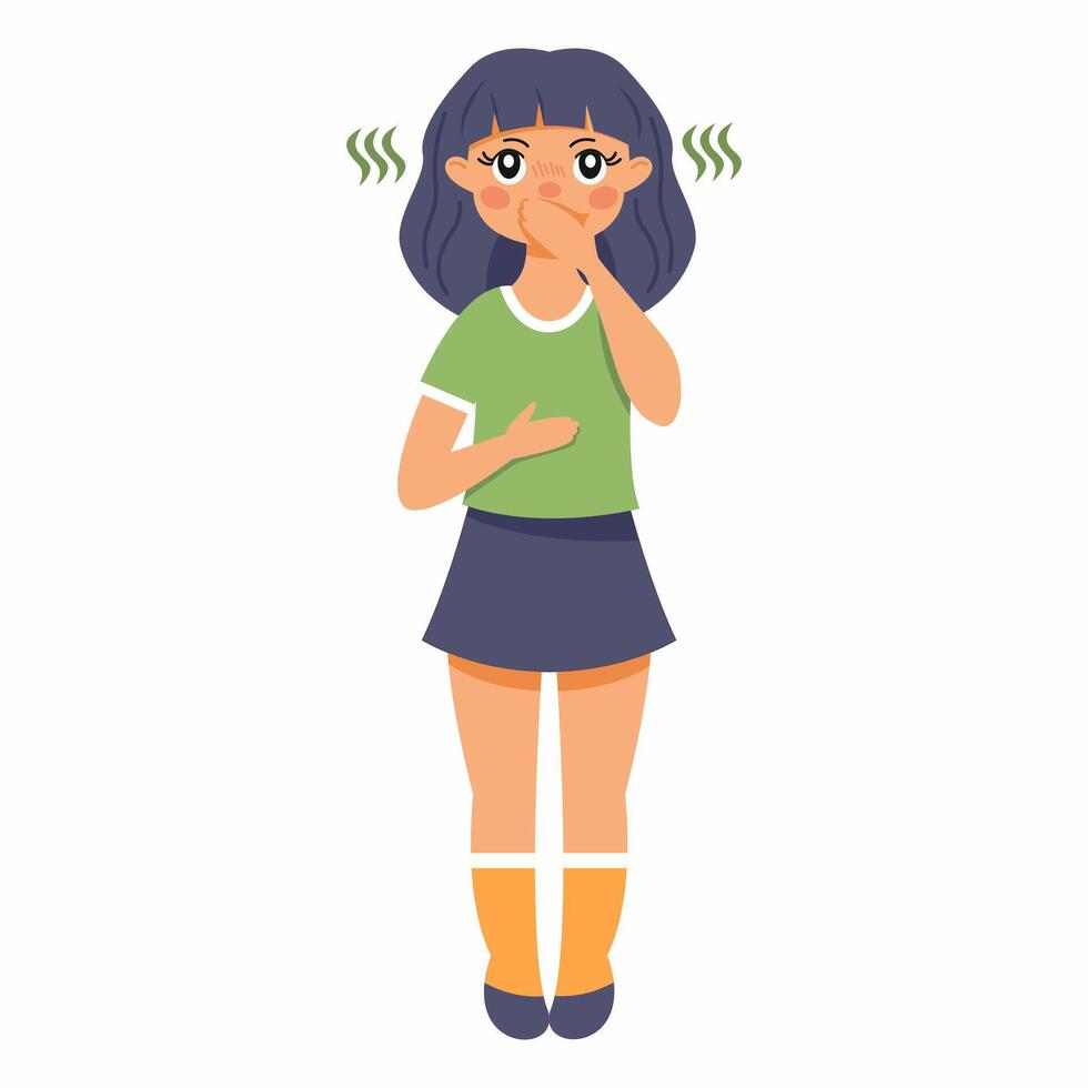 Girl feels nauseous. Symptoms of food poisoning in children. vector