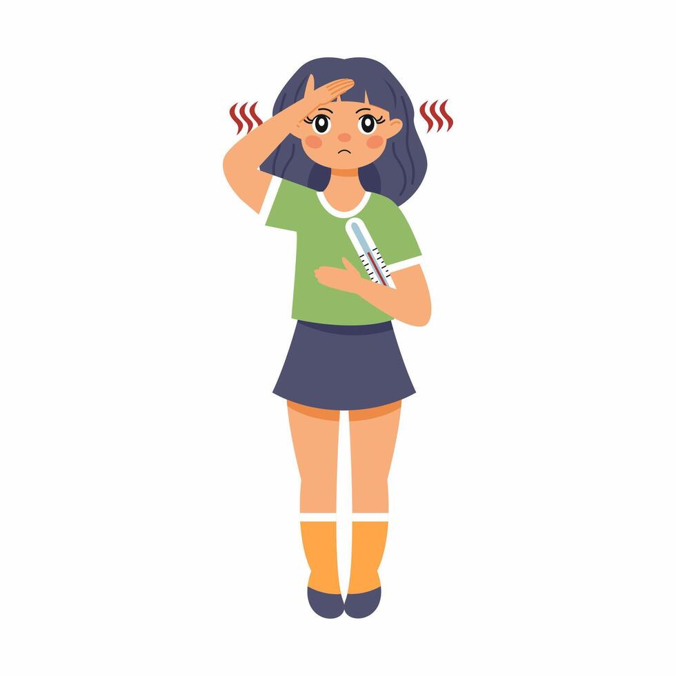 Sad girl with high fever. Symptom of viral disease or intestinal infection vector
