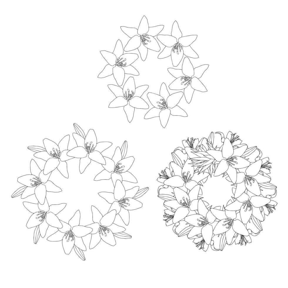 Set of lush wreaths of lilies. Doodle style. vector