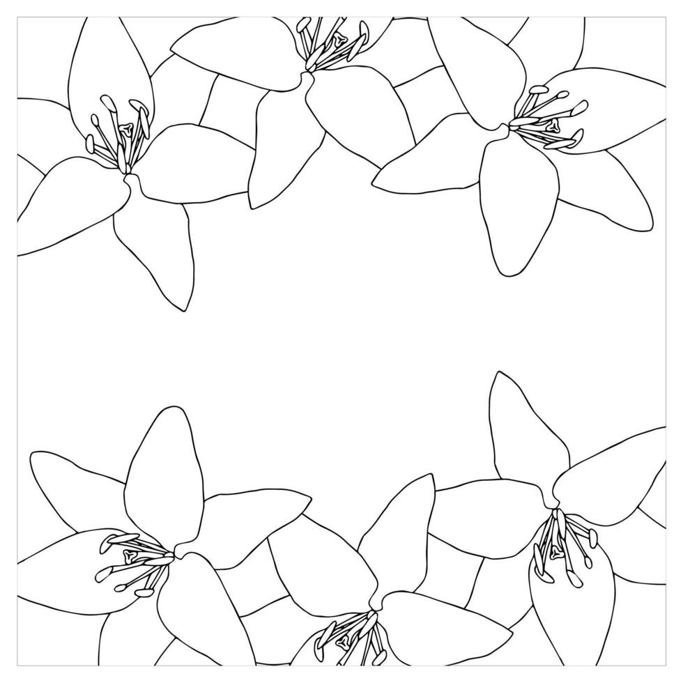 Frame with lilies. A row of simple flowers located along the top and bottom edges. Doodle style. vector