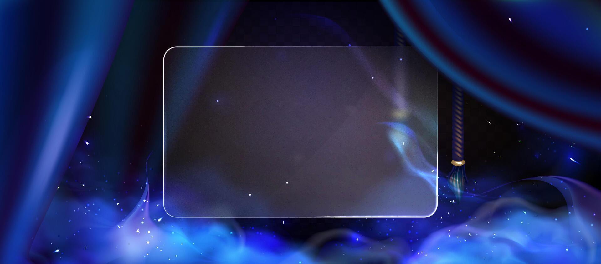 Frosted glass on background magic Blue Nebula with royal luxurious blue silk draperies for interior decoration. Blue Smoke with twinkle neon particles on the a dark transparent background vector