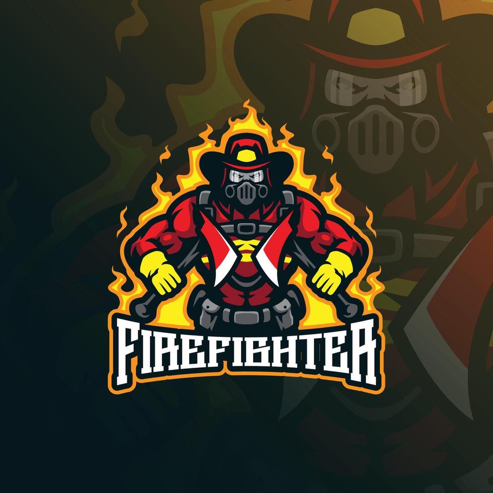 Firefighter mascot logo design with modern illustration concept style for badge, emblem and t shirt printing. Strong firefighter illustration. vector