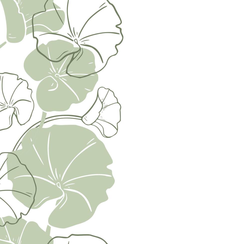Centella asiatica silhouette in soft green tones on botanical seamless border. Gotu kola contour, Pennywort rounded leaves on repeated vertical texture hand drawn for label skincare, wellness. vector