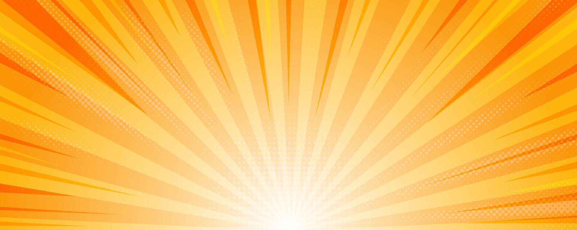 Sunburst background illustration. Yellow sunny rays. Retro star light with halftone. Comic abstract wallpaper vector
