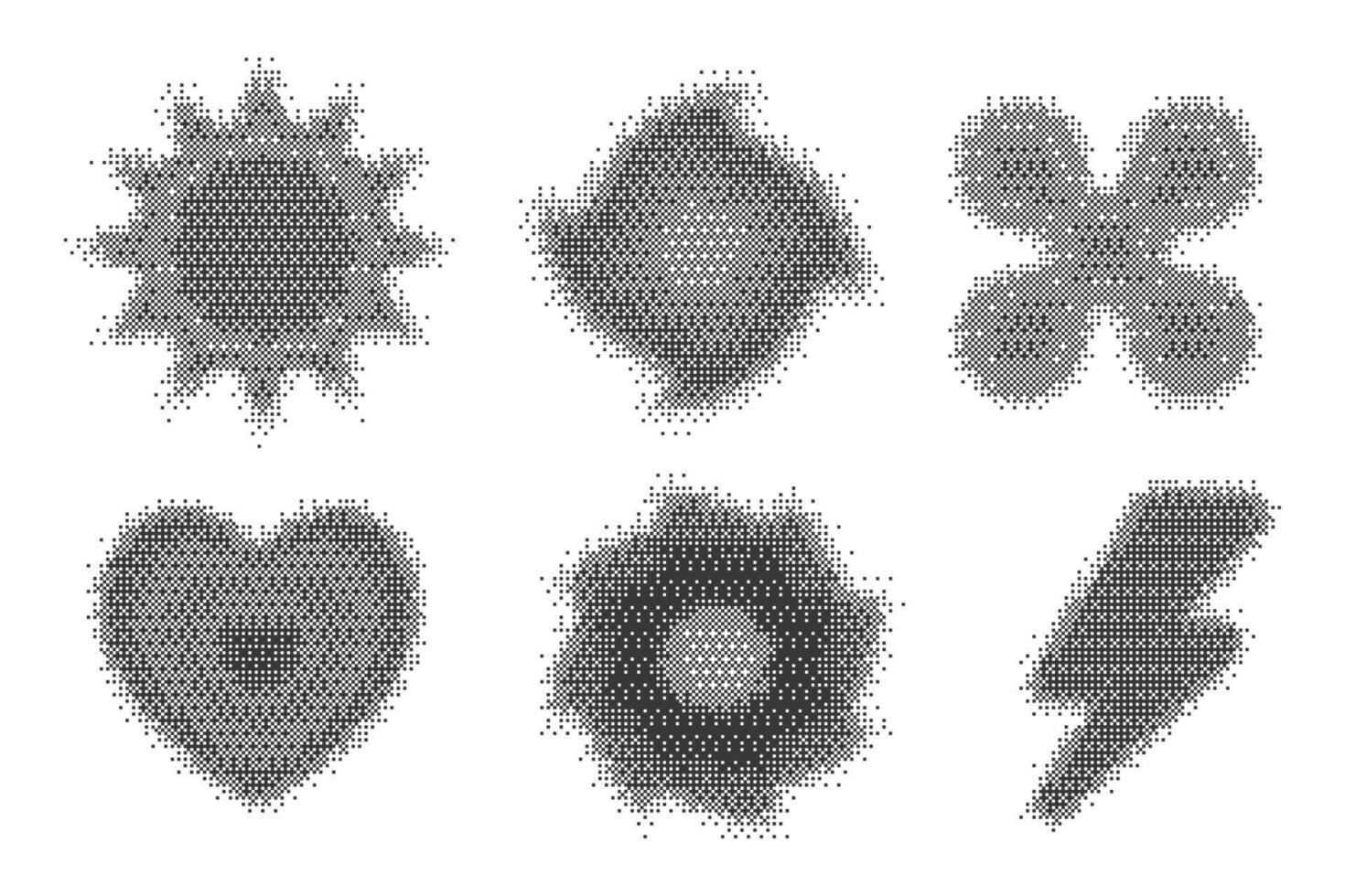 Pixel pattern shapes. Textured heart flower and star with bitmap Y2k dither gradient. Retro star with old computer graphic effect. Halftone grunge illustration vector