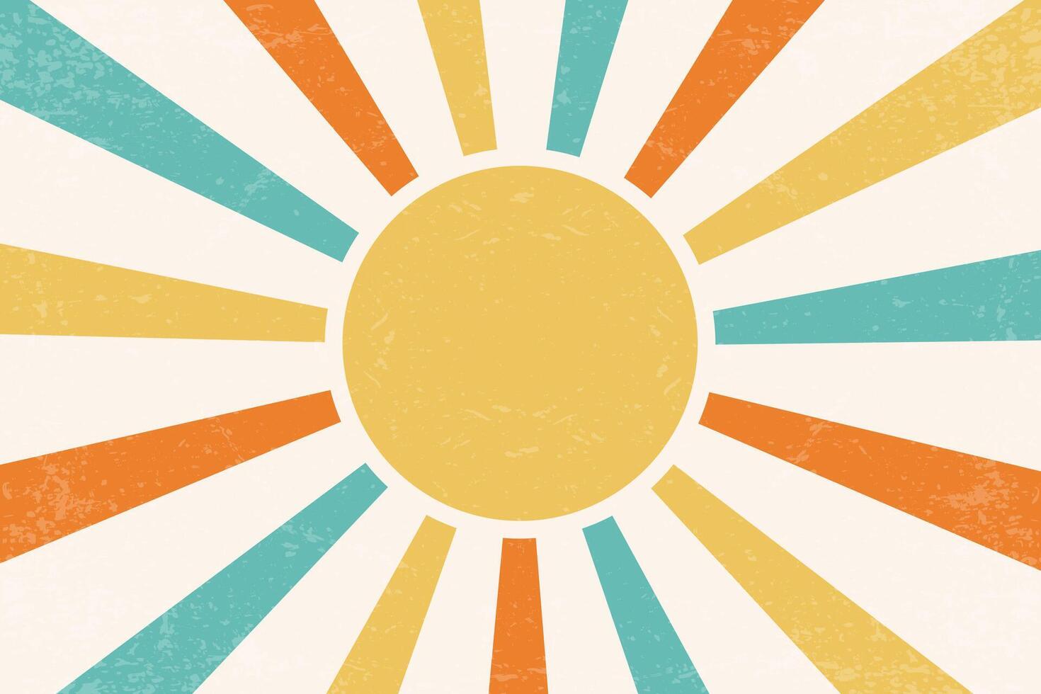Retro sunrise background. Pattern with radial rays and grunge texture. 70s abstract vintage summer poster. Orange and green beams on old paper backdrop vector