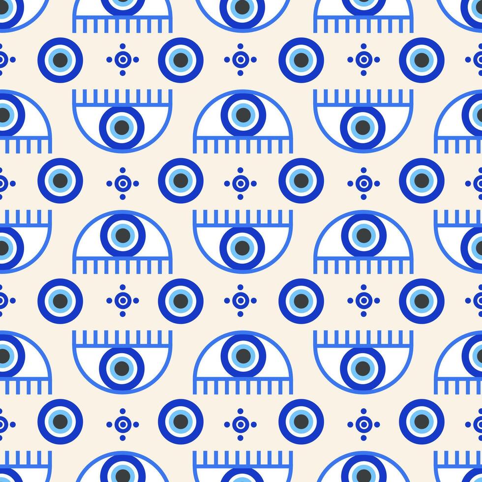 Evil eye Greek seamless pattern. background with blue beads. Turkish nazar - ethnic symbol of protection energy and luck. Mystic ornament with cute Aegean amulet vector