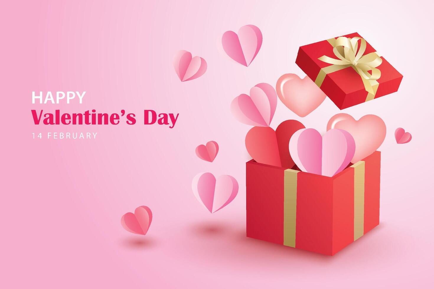 Valentines day greeting card banner template with heart and box on pink background. vector