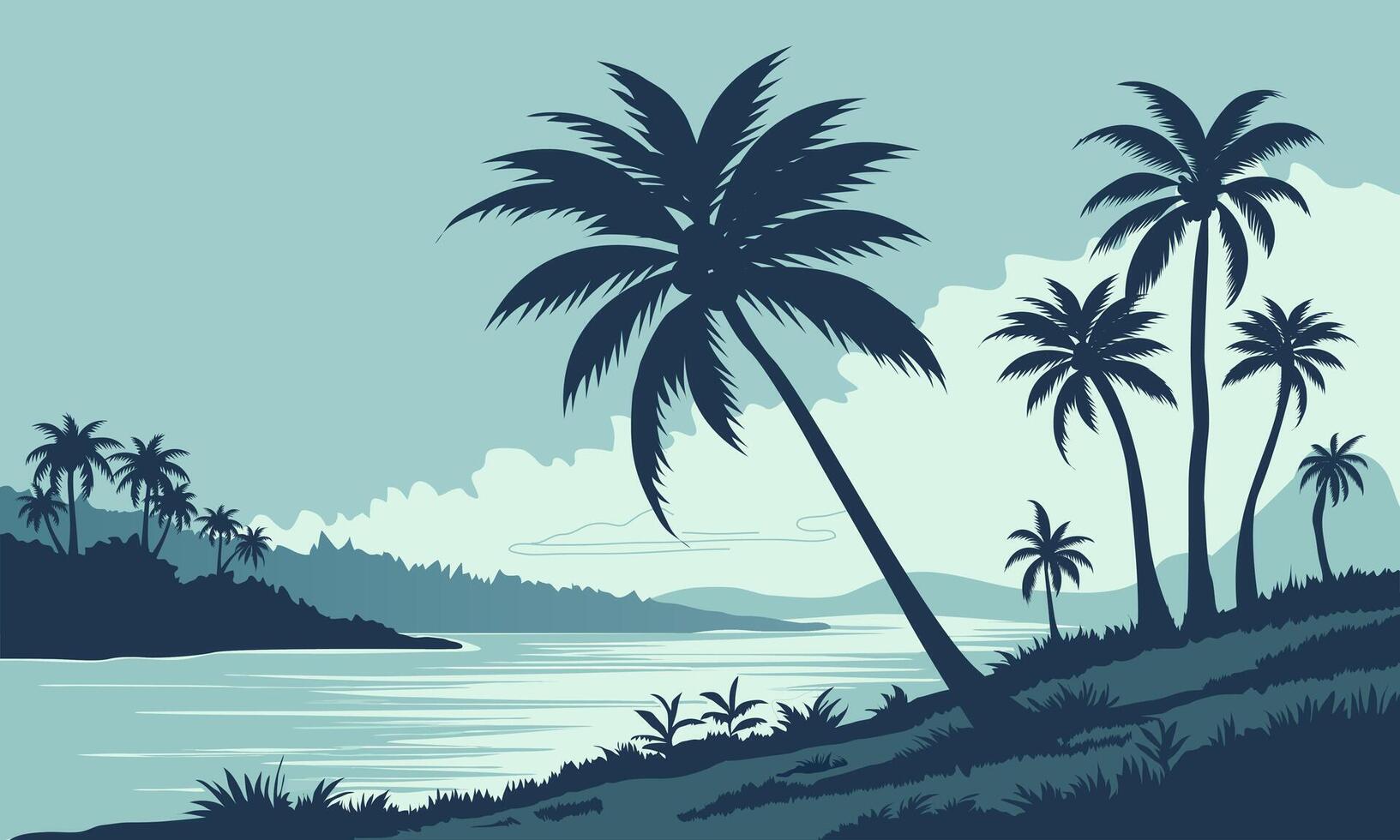 Beach view with silhouettes of coconut trees vector