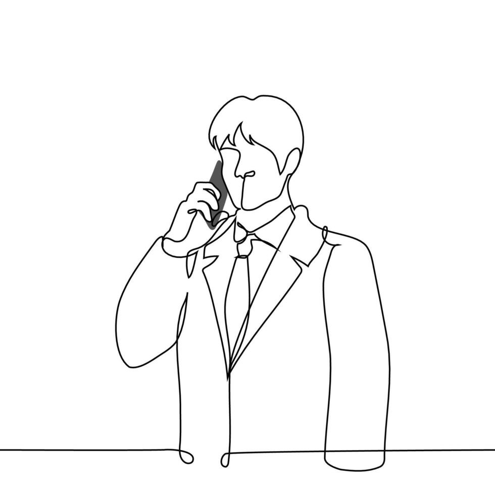 businessman talking on the phone - one line art . concept man in tie and jacket standing holding phone to ear vector