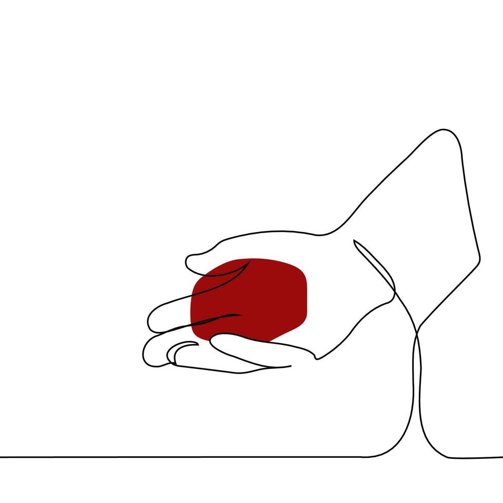 human hand with small red box on palm - one line art . engagement concept, hand proposal vector