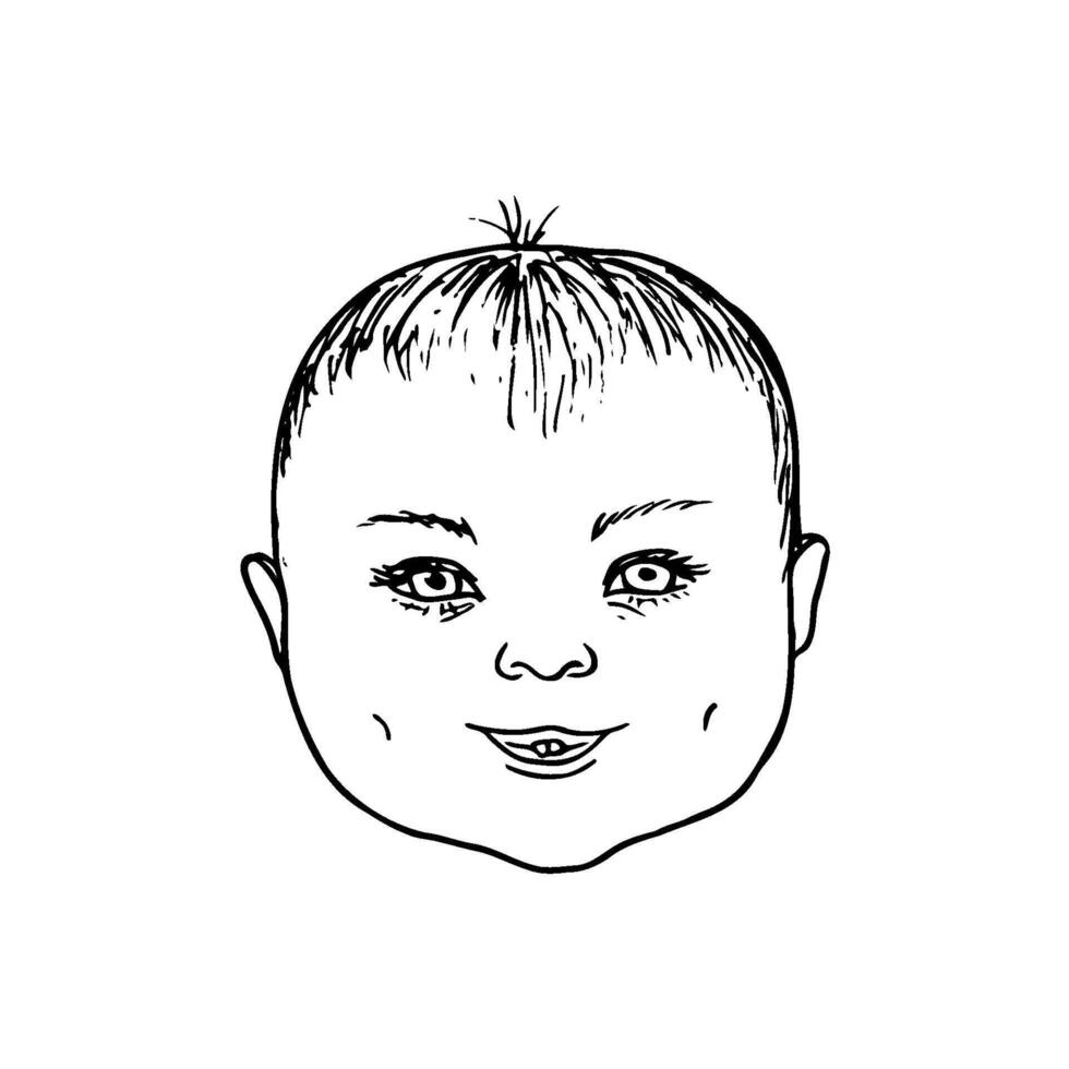 portrait of smiling caucasian baby about one year old - hand drawn sketch line art vector