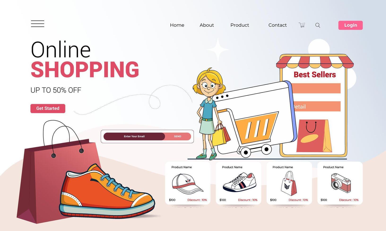 online shopping website design with a woman and a shoe vector