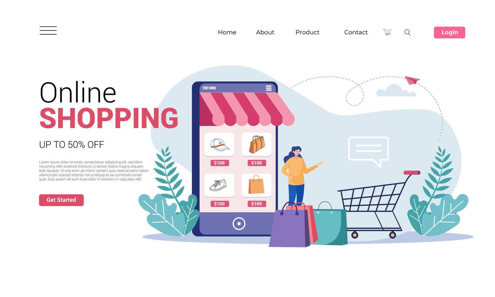 online shopping concept landing page with shopping cart and mobile phone vector