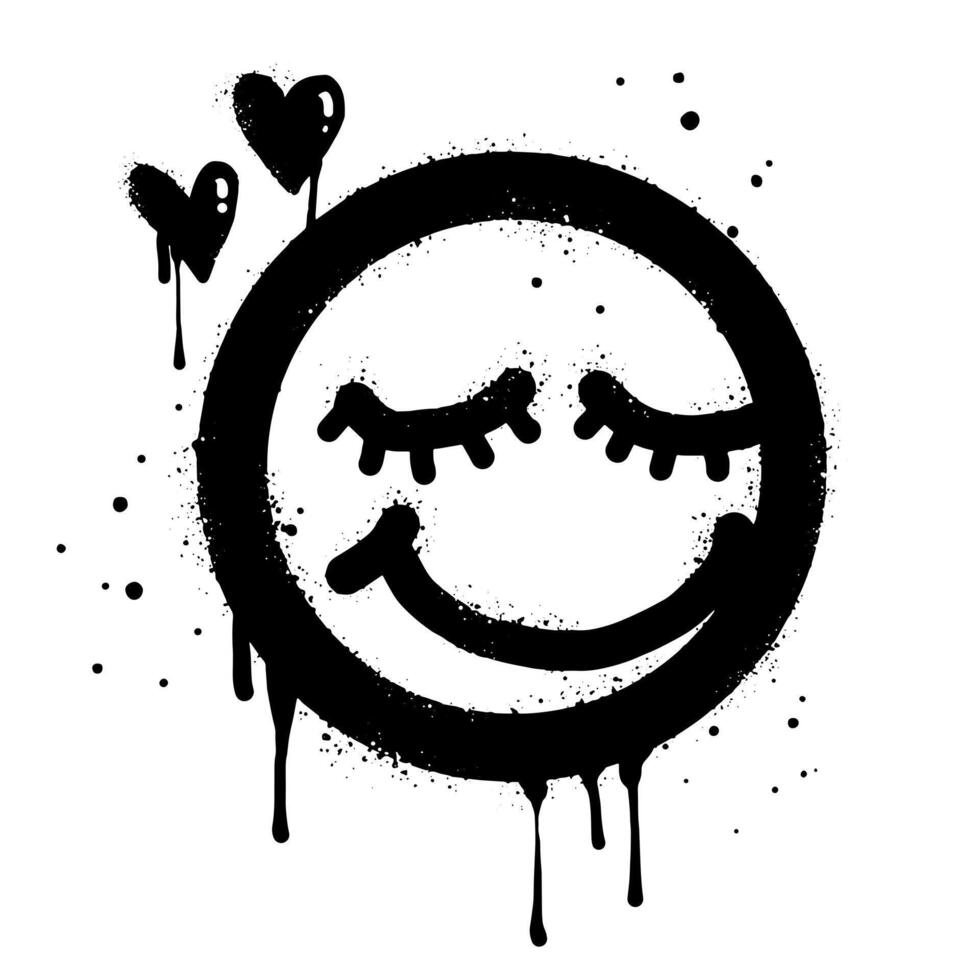 Smiling face emoticon character. Spray painted graffiti smile face with love in black over white vector