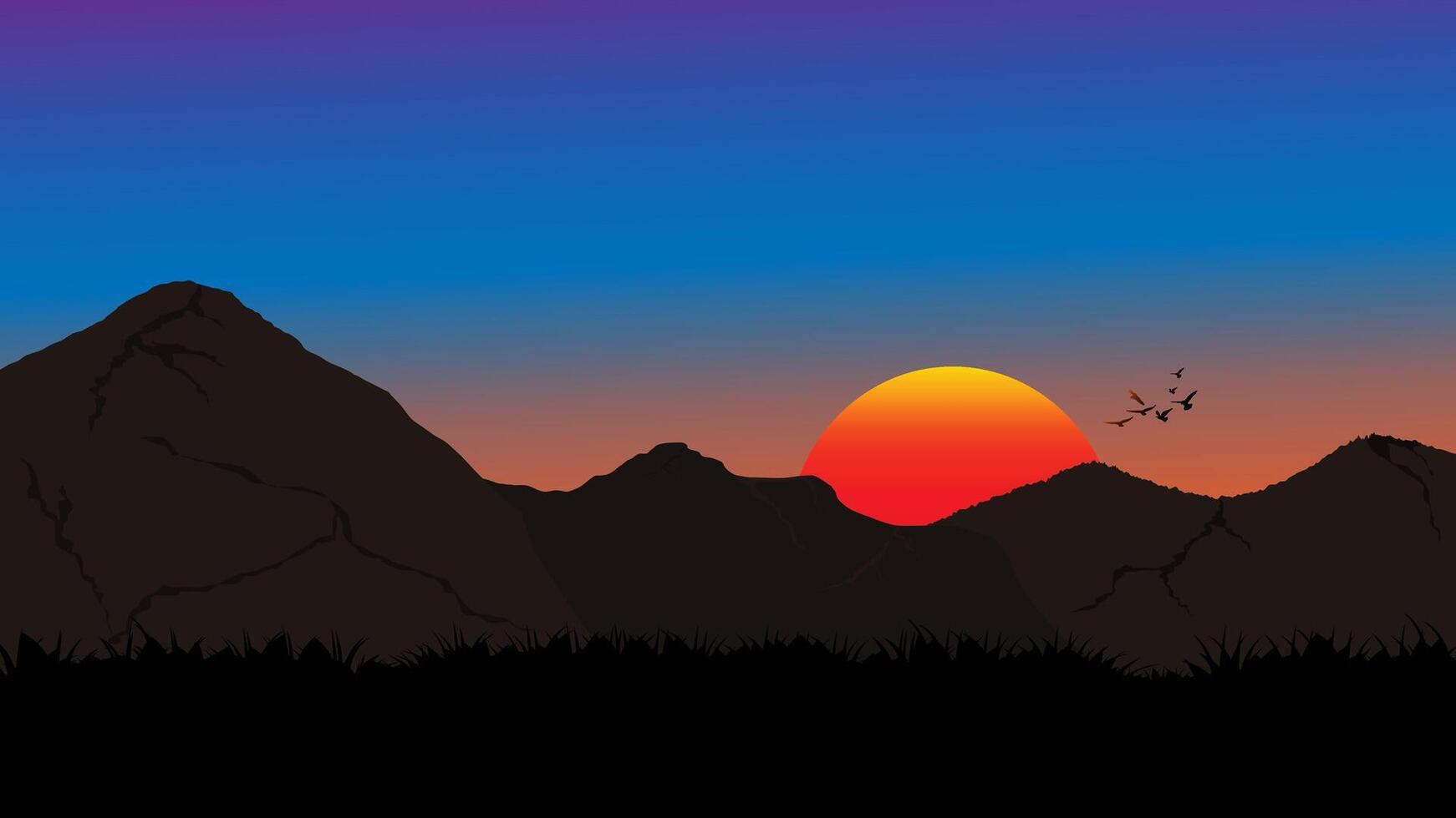 A striking silhouette of mountains against a vibrant sunset vector