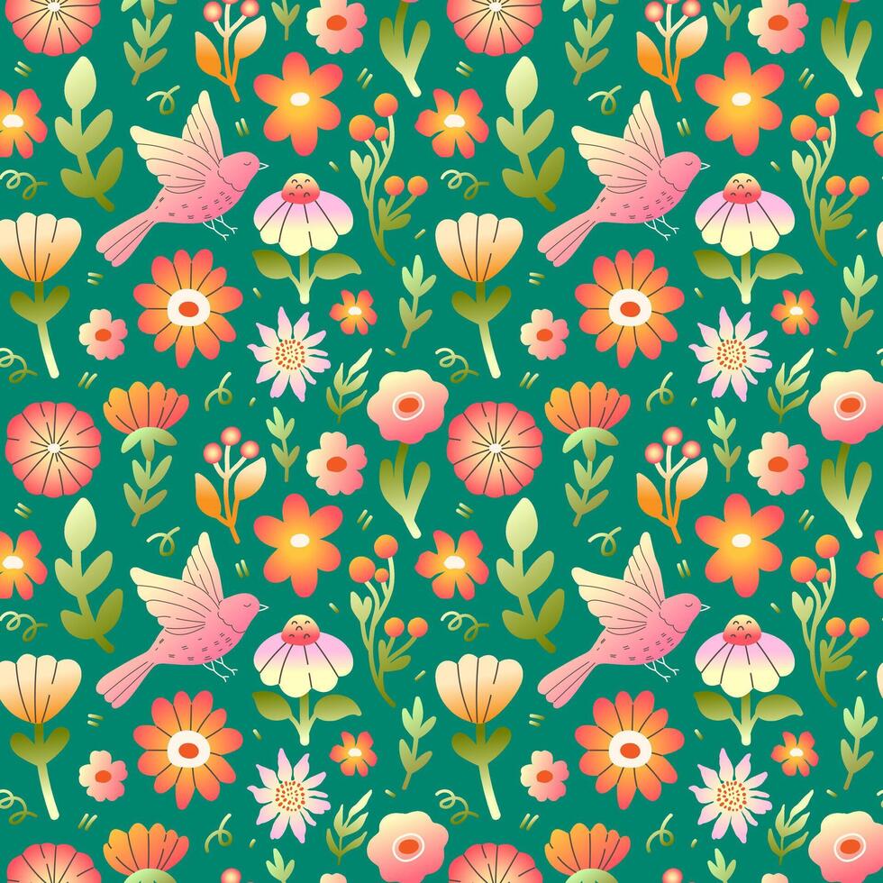 Floral pattern with flowers and birds on green background vector