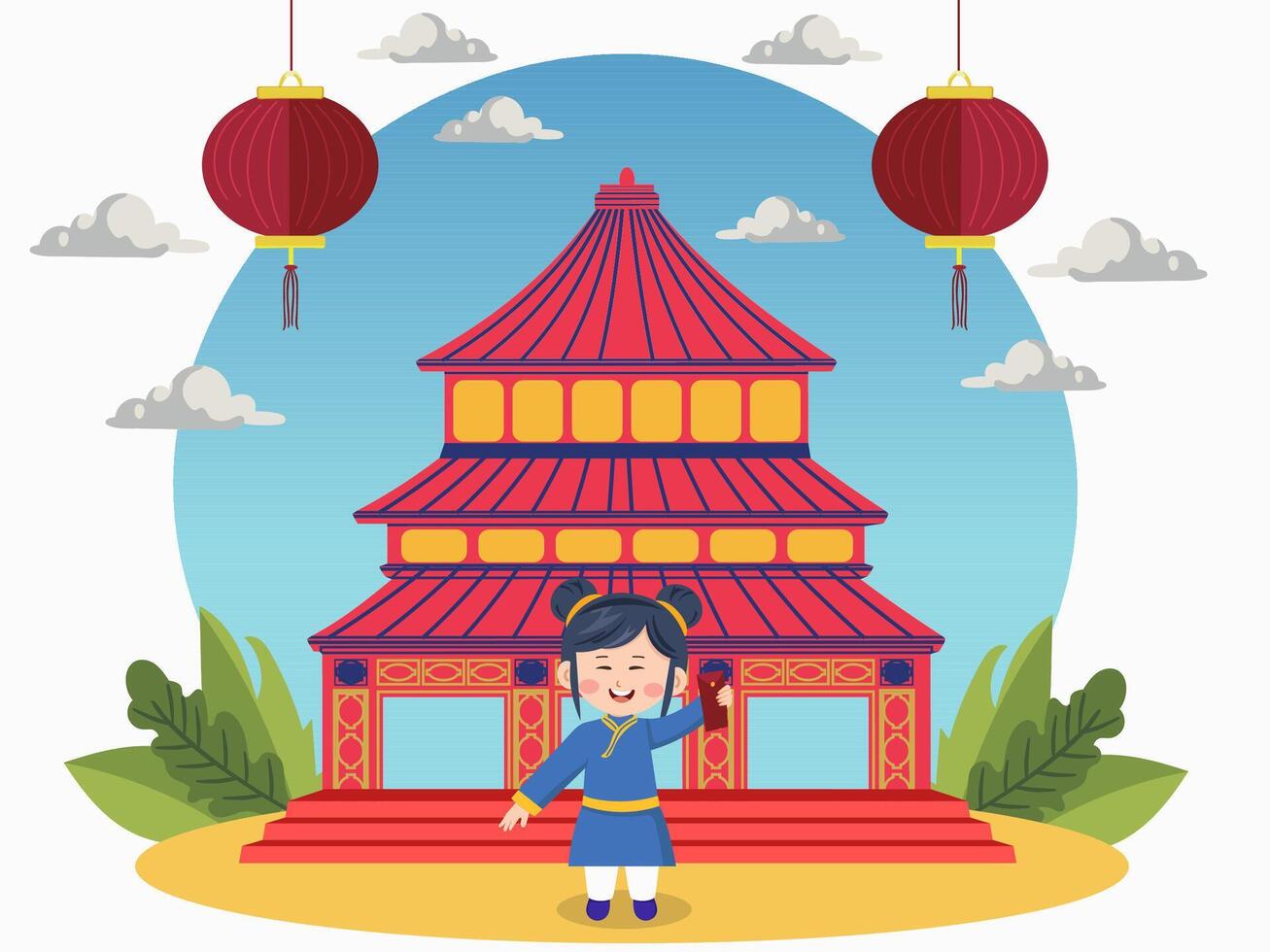 Happy Chinese New Year Poster with Cartoon Chinese Girl Holding Envelope in Front of Heaven Temple and Lanterns Hang. vector