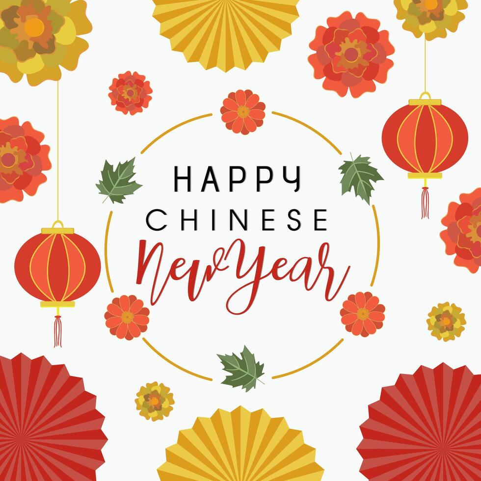 Happy Chinese New Year Greeting Card with Lanterns Hang, Paper Flowers Decorated on White Background. vector