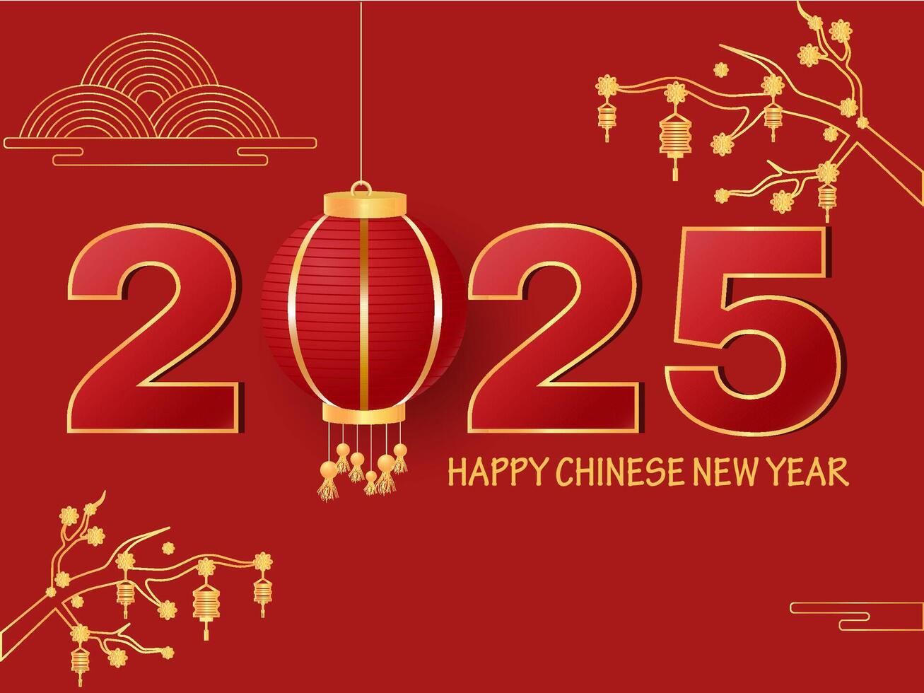 2025 Happy New Year Greeting Card with Lantern Hang and Golden Blossom Branch on Red Background. vector