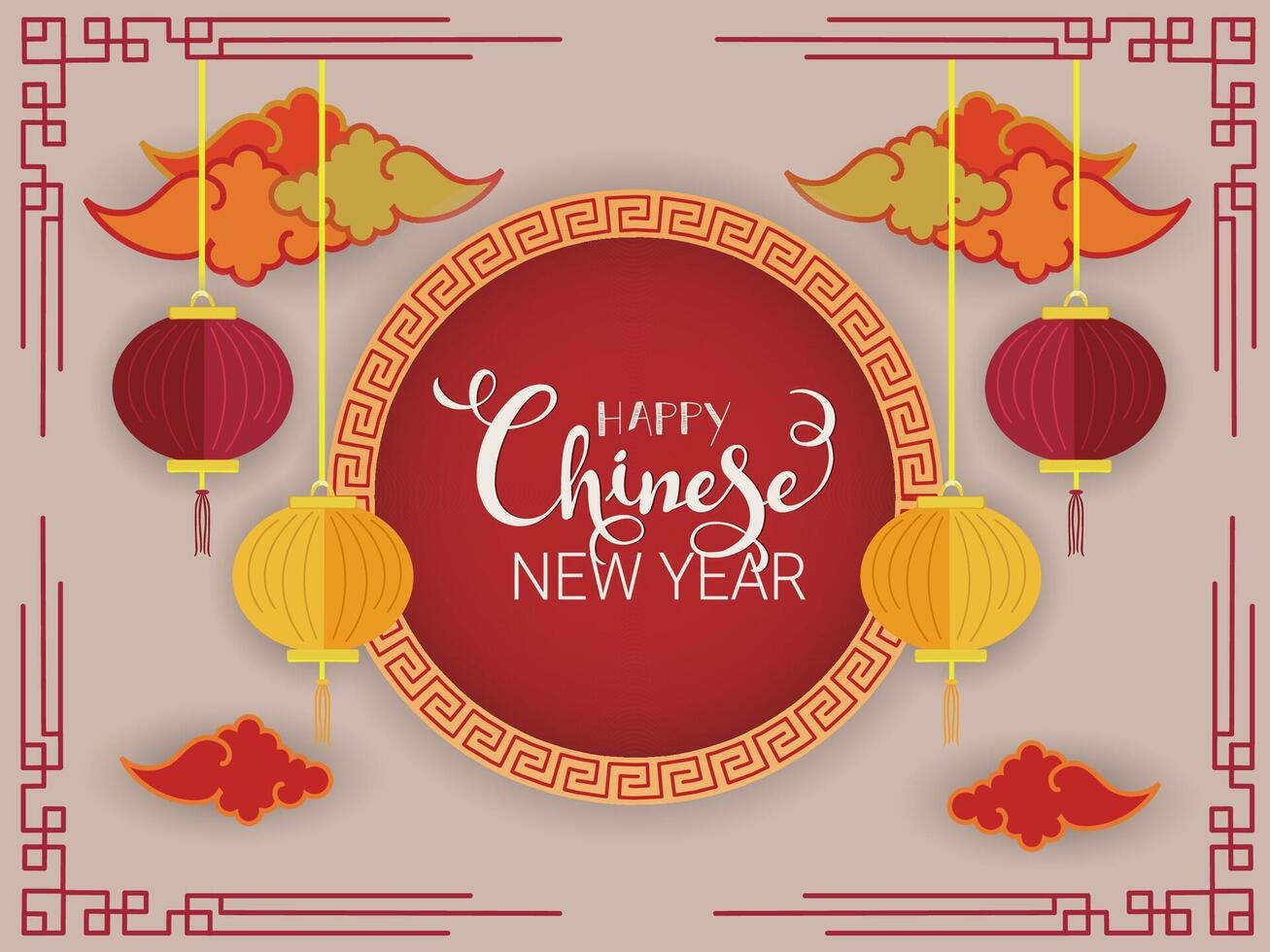 Happy Chinese New Year Poster Design with Paper Lanterns Hang and Clouds Decorated Background. vector