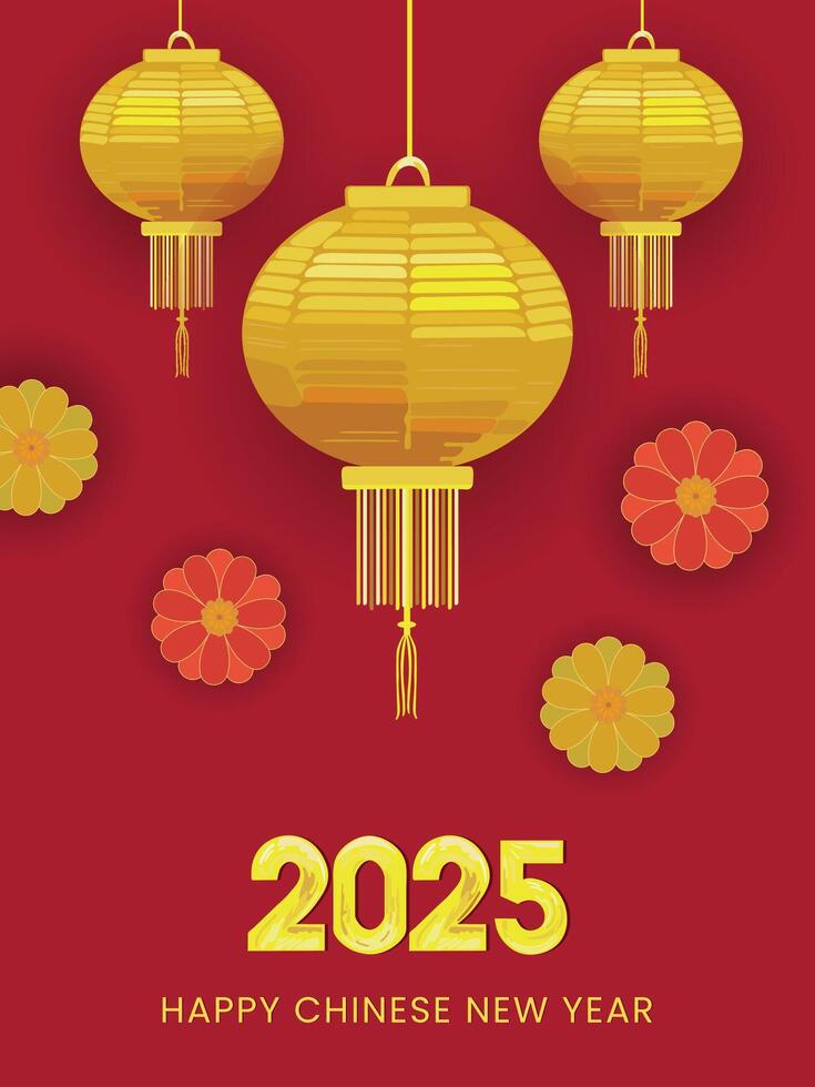 2025 Happy Chinese New Year Poster Design with Golden Lanterns Hang and Flowers Decorated on Red Background. vector