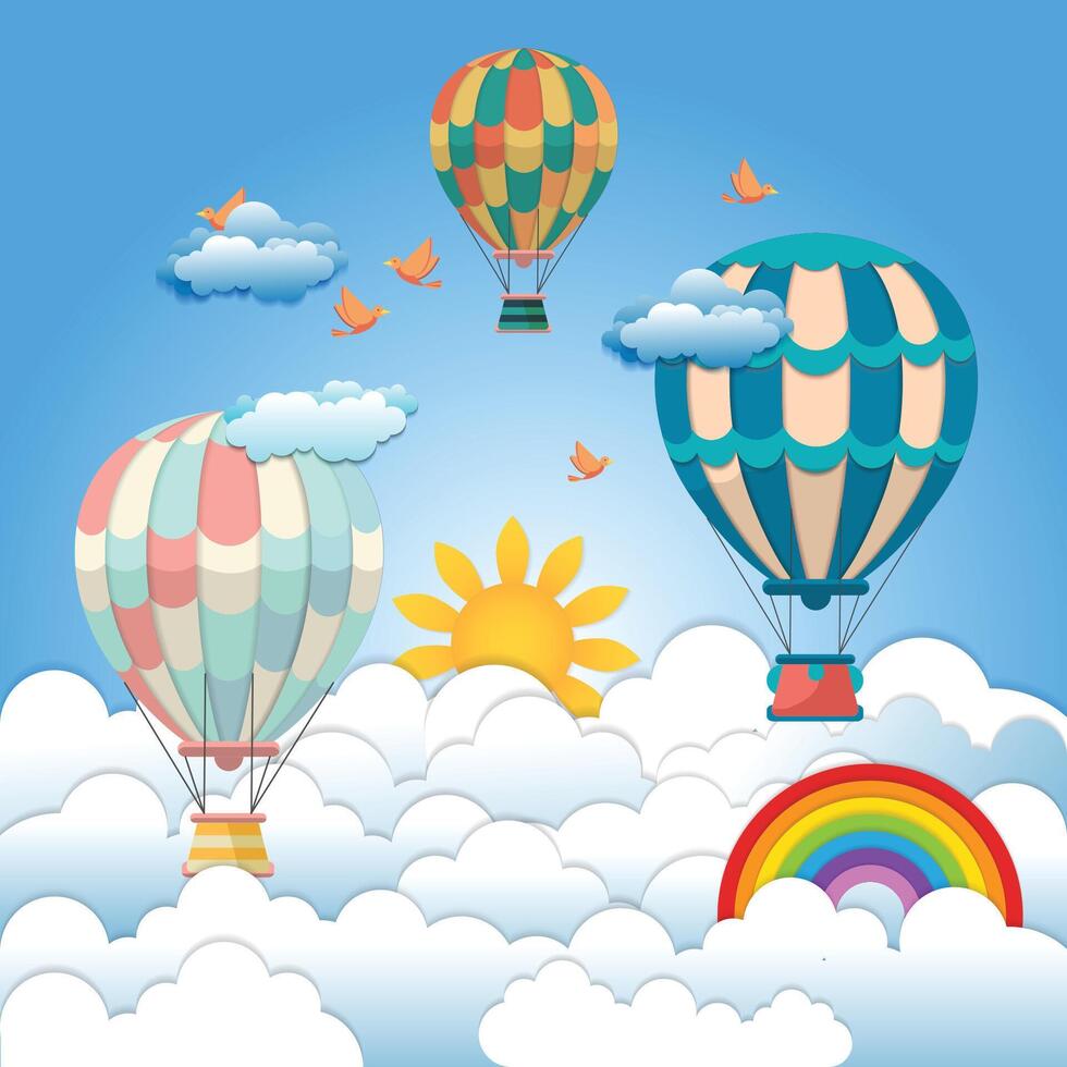 Fluffy Clouds with Summer Sun, Hot Air Balloons, Birds, and Rainbow vector
