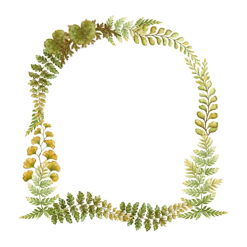 Arch wreath with fern leaves botanical card template in earth tone. Hand drawn watercolor elegant floral frame. Perfect for the use of ecological material and sustainable designs. vector