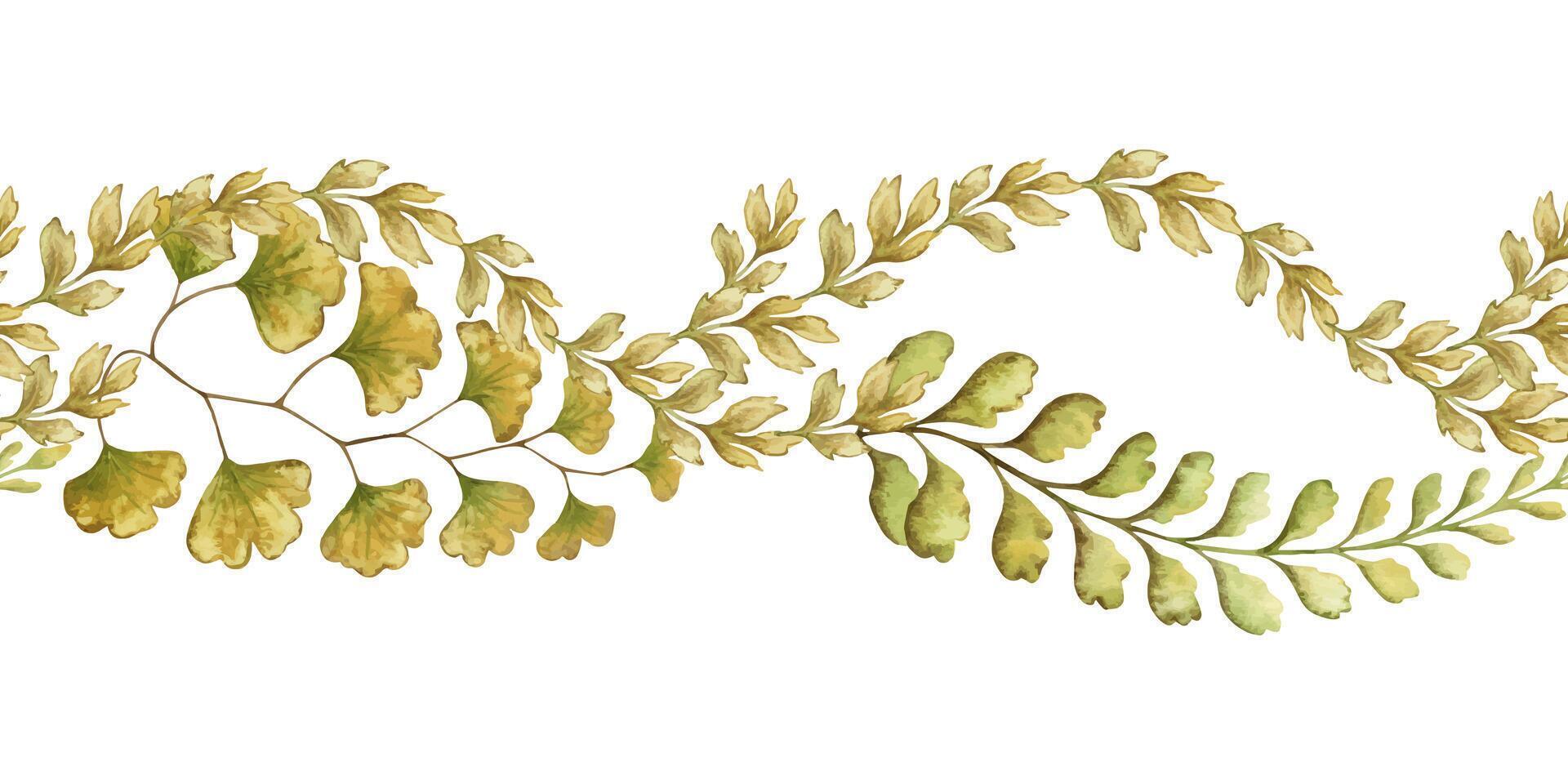 Fern leaf curved seamless border in the earth green tone. Hand drawn watercolor botanical element with textured foliage. Perfect for the use of ecological material and sustainable designs. vector