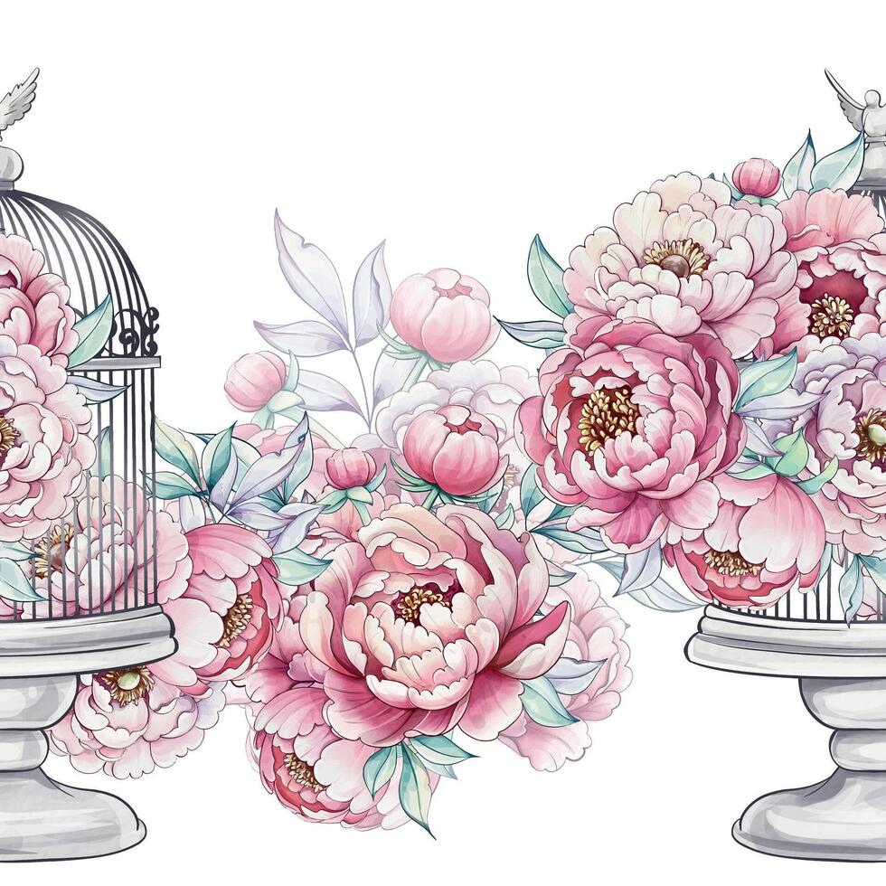 Vibrant peonies in soft hues gracefully emerge from ornate birdcages, creating a whimsical floral composition that captivates the senses. vector