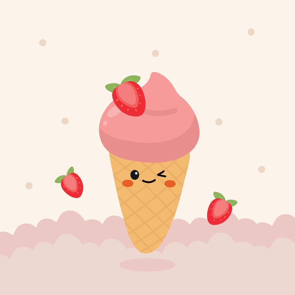 Cute Hand Drawn Strawberry Ice Cream Character Illustration vector