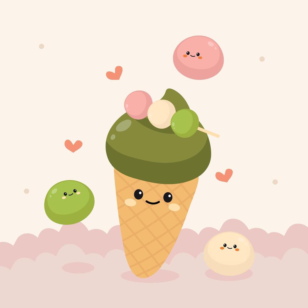Cute Hand Drawn Matcha Ice Cream Character Illustration vector