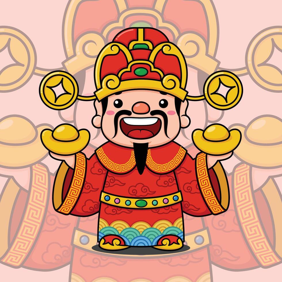 Cute Chinese New Year Fortune God Holding Gold Money Ingots vector
