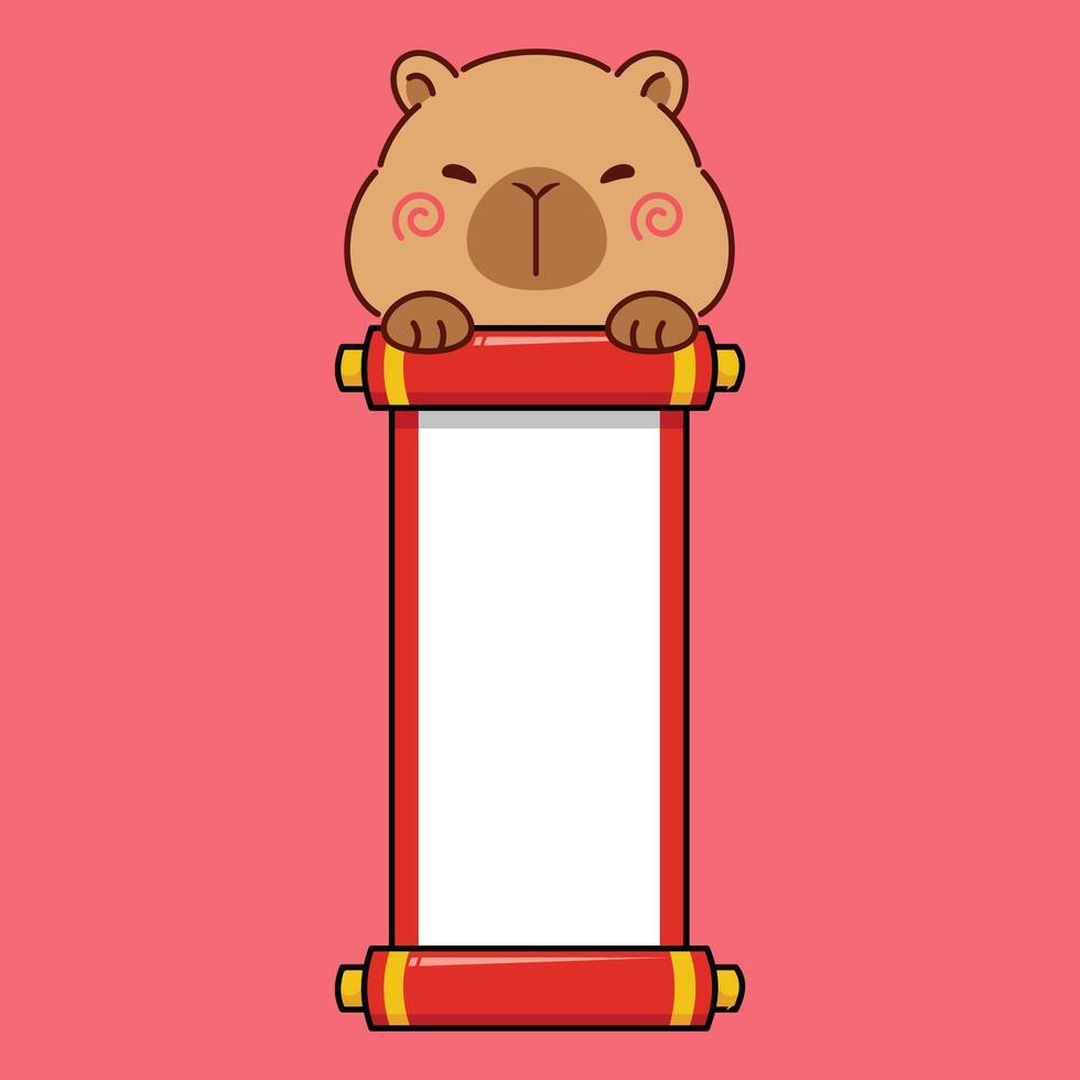Cute Chinese New Year Capybara Cartoon Character With Scoll vector