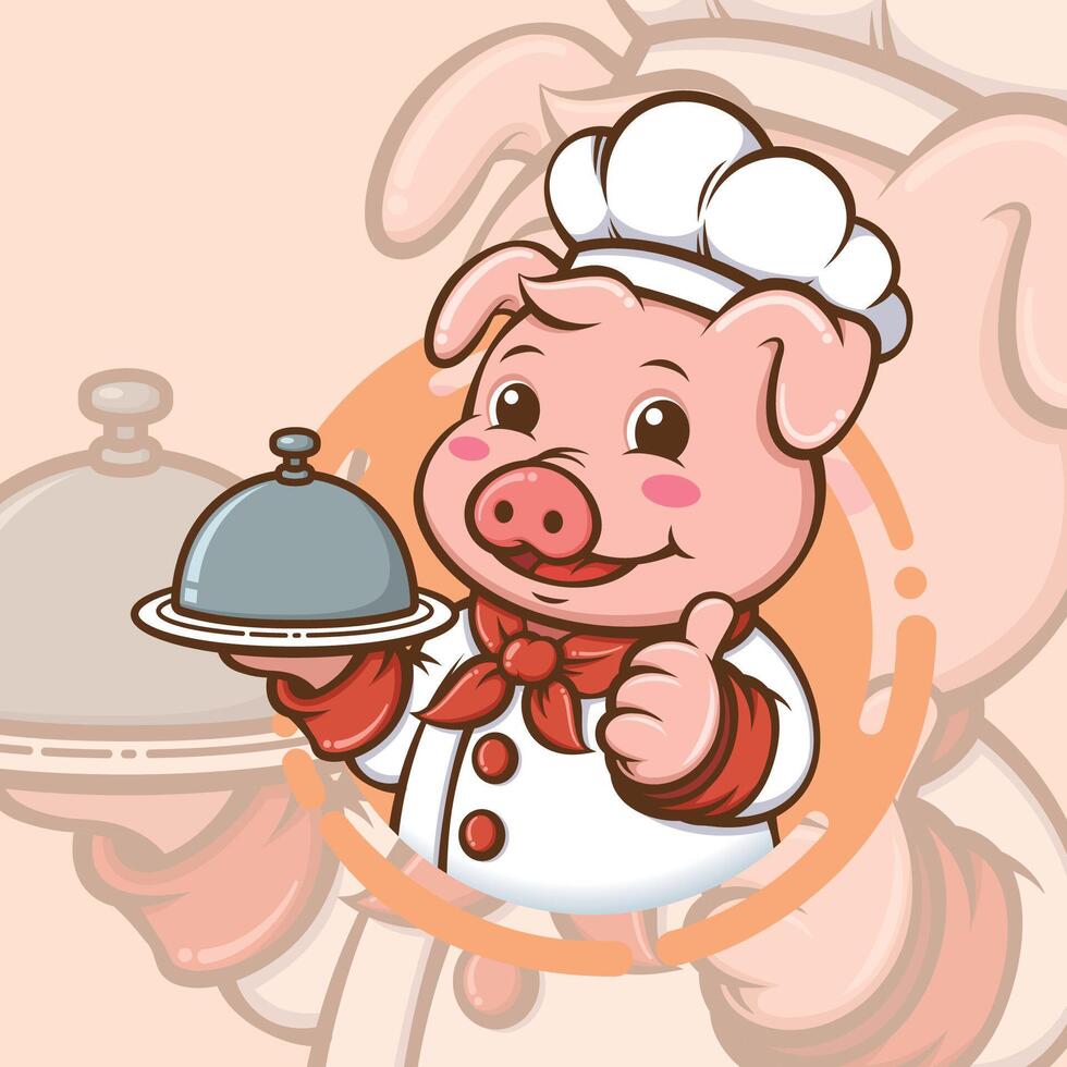 Cute Cartoon Pig Chef With Uniform And Hat Holding A Plate vector