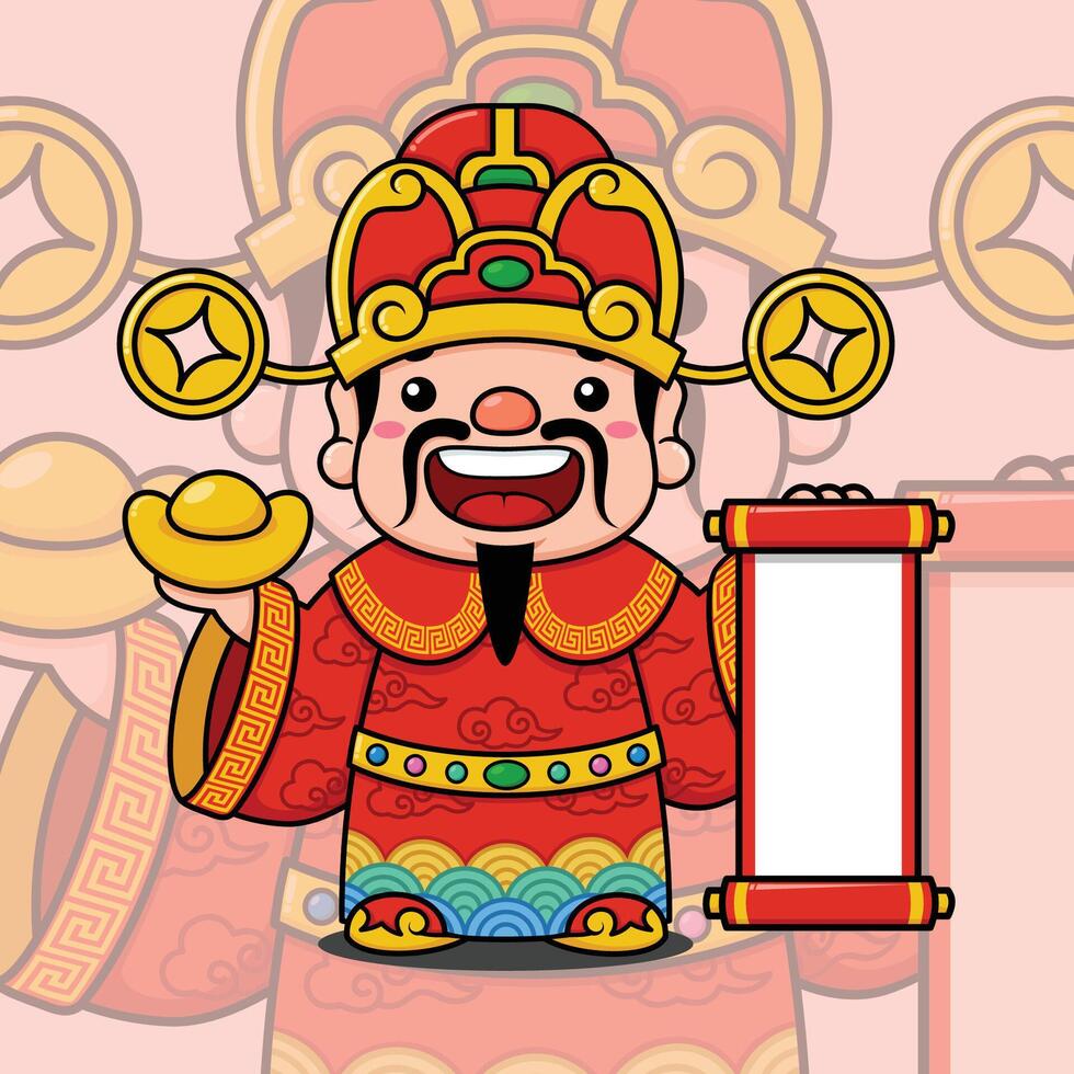 Cute Chinese New Year Fortune God Holding Gold Money Ingot And Scroll vector