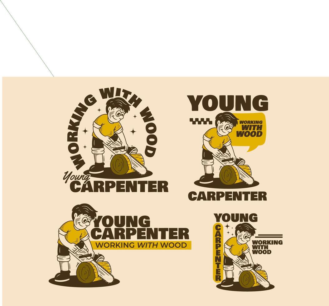 Young Carpenter, working with wood. character illustration of a carpenter sawing wood. In 4 types vector