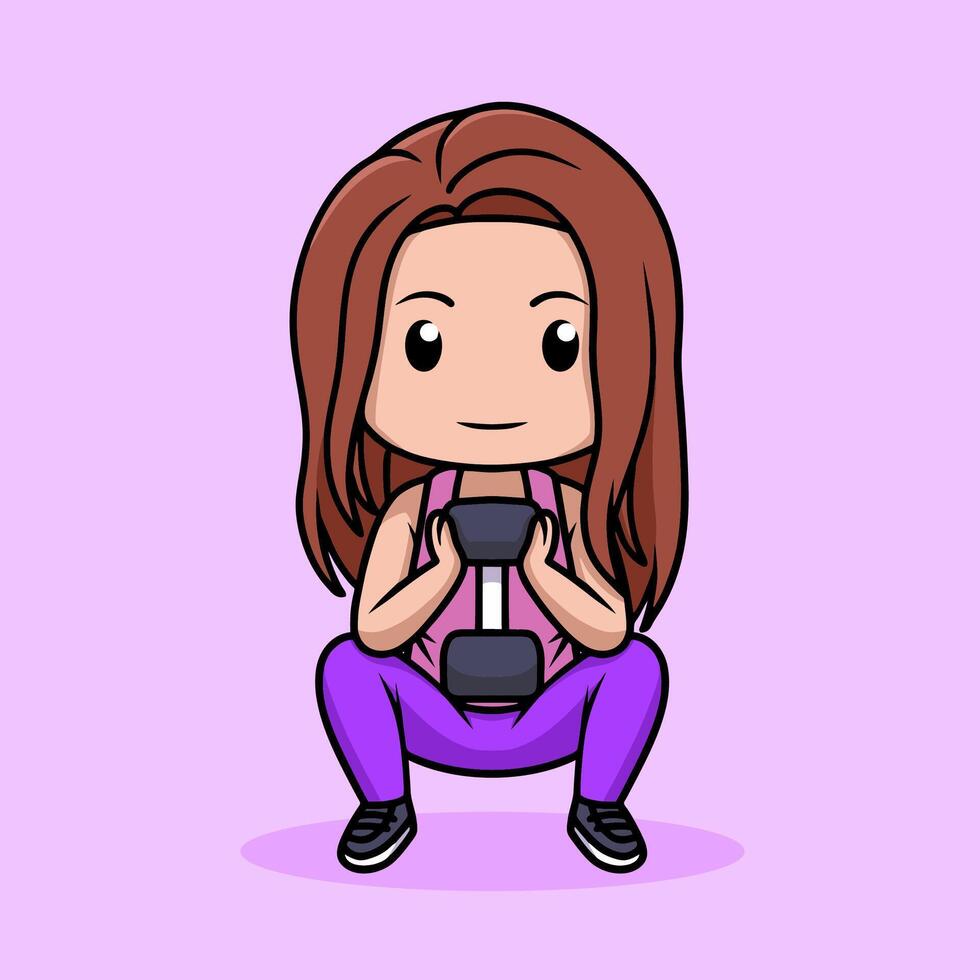 Girl chibi kawaii character in squad pose illustration in purple colors vector