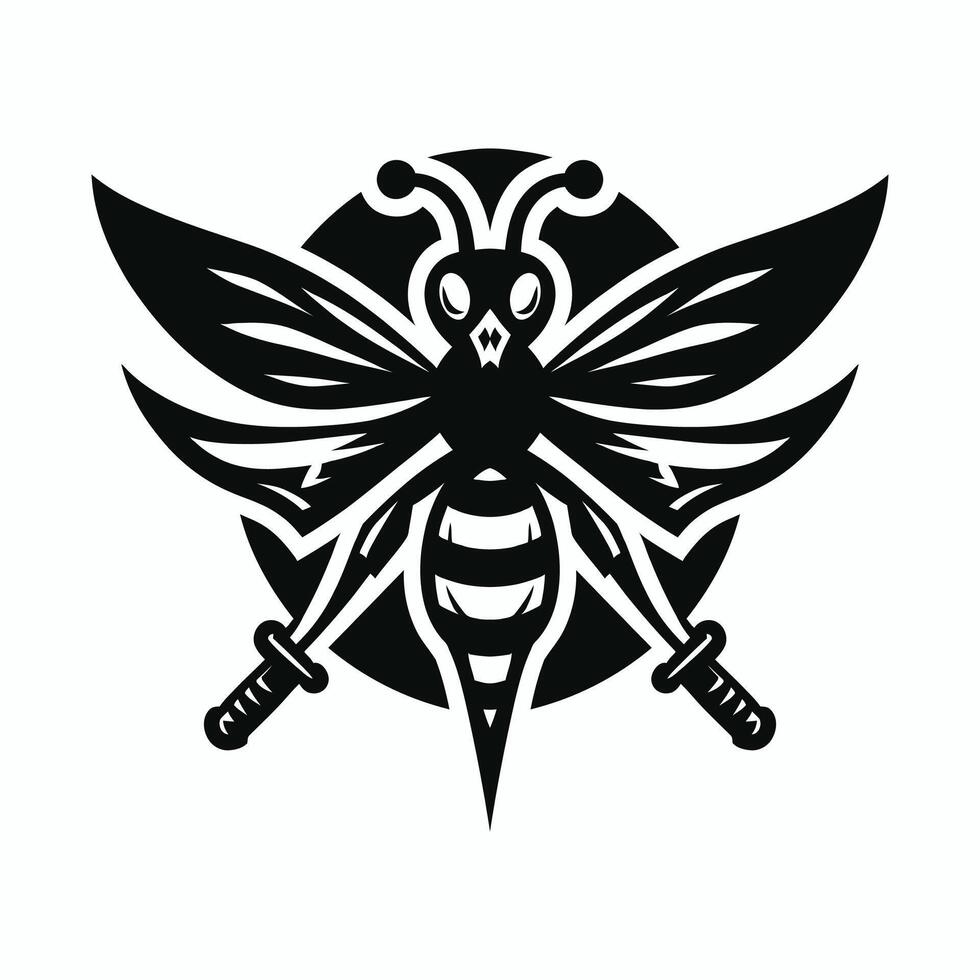 a black and white logo of a bee with two swords vector